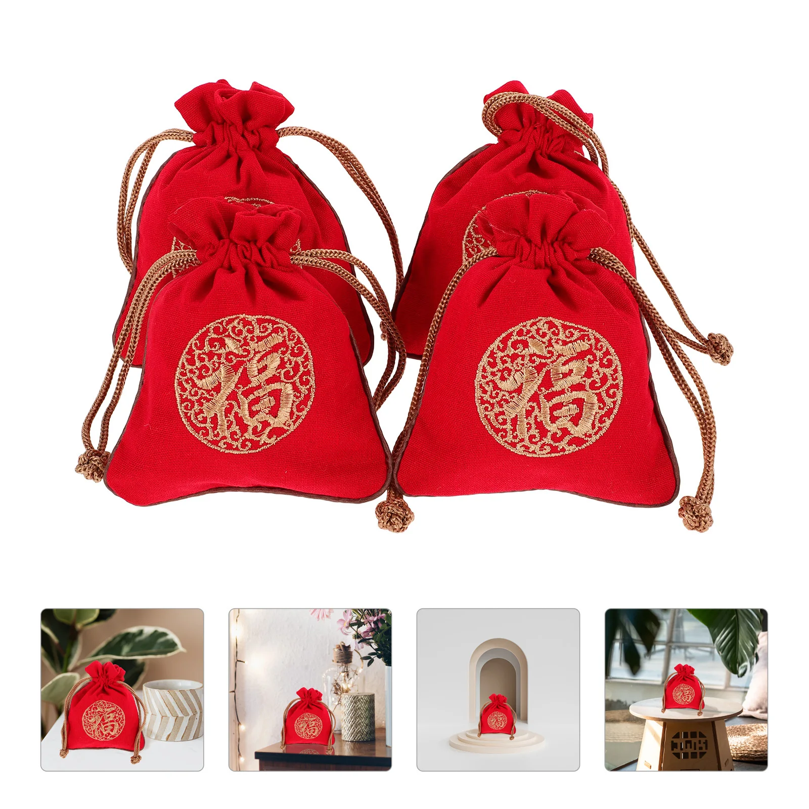 

4Pcs Drawstring Jewelry Organizers Small Burlap Bags Embroidered Lucky Fortune Pattern for Travel Chinese New Year