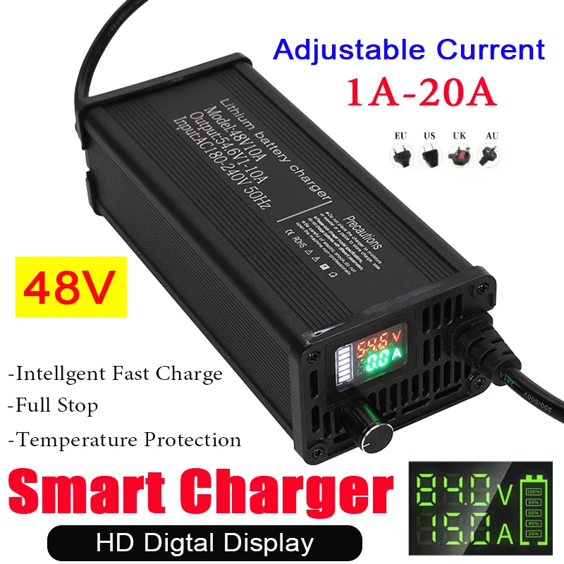 

48 В 1-8 А 1-10 А 1-15 А 1-20 А корпус из алюминиевого сплава Регулируемое зарядное устройство для литиевых батарей Светодиодное зарядное устройство для электрического велосипеда высокой мощности