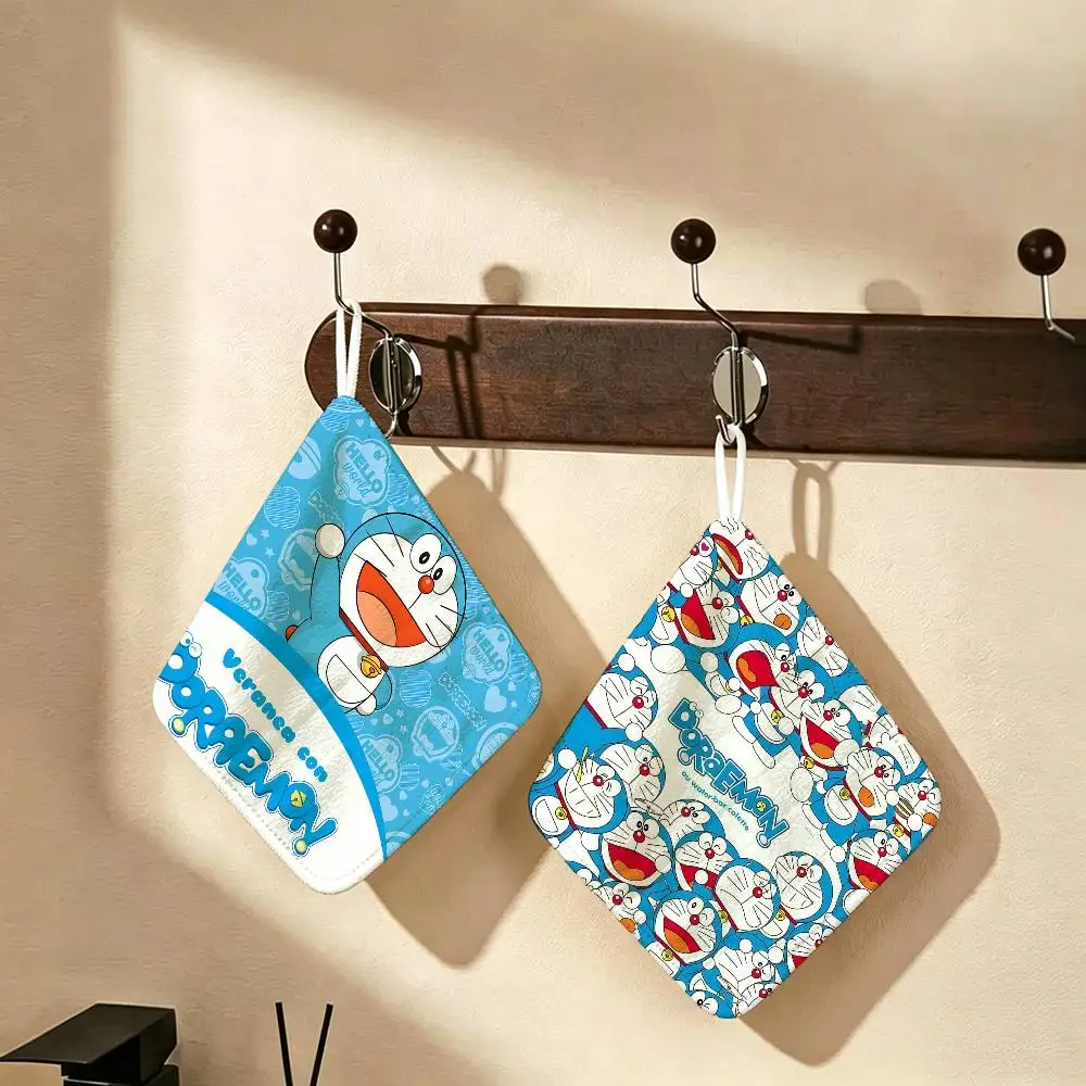 Kwaii Anime D-DoraemonS Polyester Cotton Hanging Kitchen Towel, Absorbent Hand Wiping Cloth for Daily Cleaning Drying