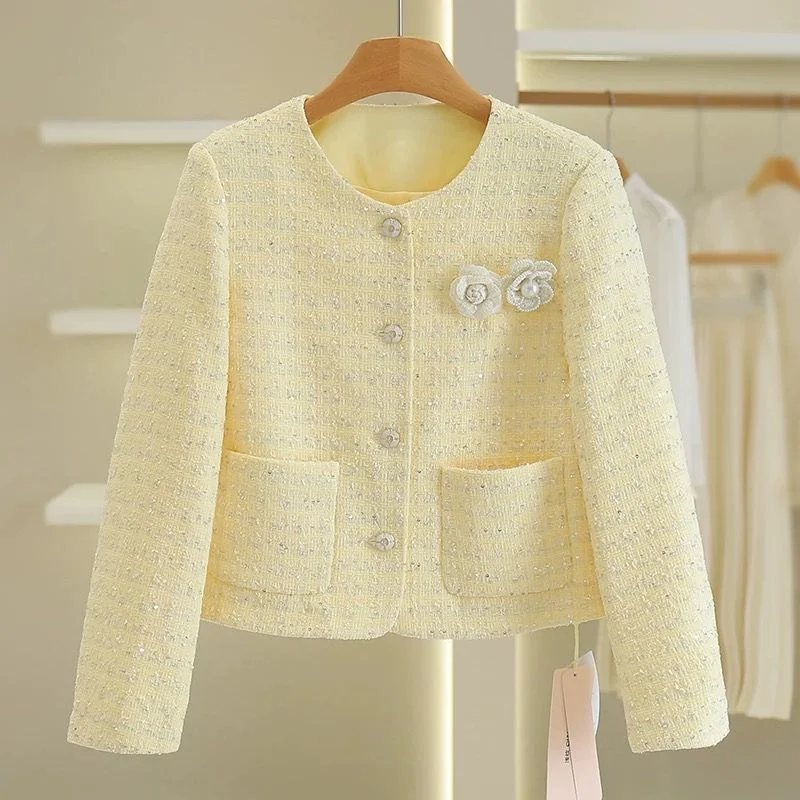 

Женская куртка, новый твидовый однобортный кардиган с круглым вырезом, пальто Young Slim, свободное модное стильное короткое пальто с небольшим ароматом