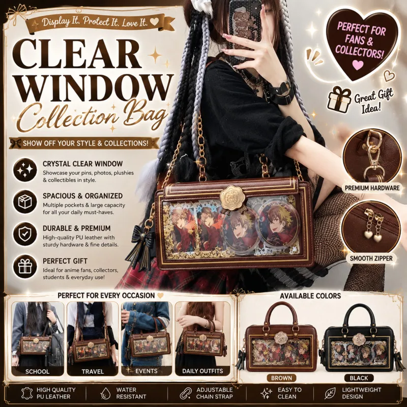 Anime Itabag Brown PU Leather Itabag Shoulder, Crossbody Bag Chain Rose Envelope, Flap Clear Window Display Pouch Cards Cosplay