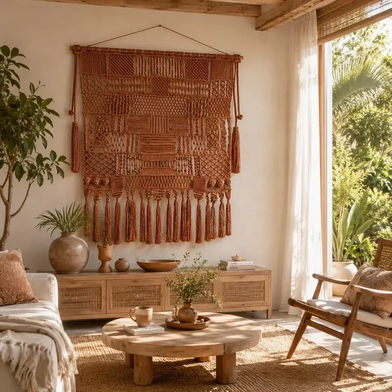 Tapeçaria de parede artesanal em macramê boho, feita com corda de algodão, tecida, fibra decorativa, arte de parede para sala de estar, hotel e decora