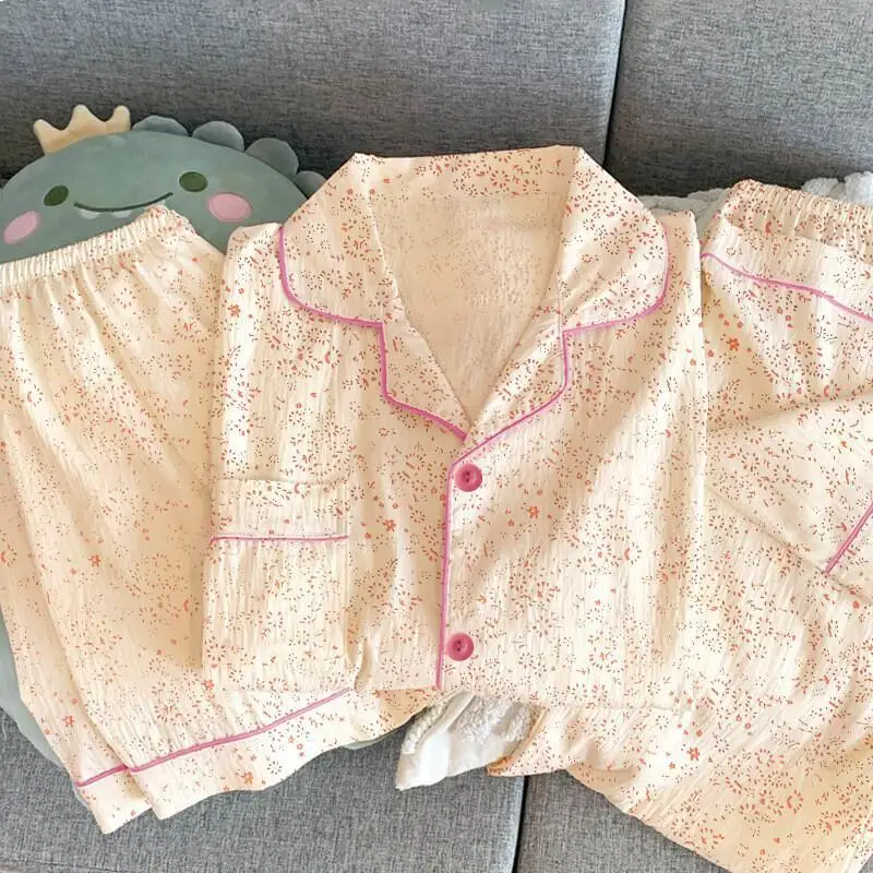 Pigiama sexy da notte in tessuto rugoso Set Real Shot Moda all'ingrosso Abbigliamento per la casa Abbigliamento per la casa Stile foresta Dolce design floreale