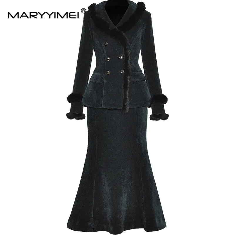 MARYYIMEI Women's Fashion Streetwear Suit Notched Double-breasted Coat Tops+Straight Skirt Autumn and Winter 2 piece set