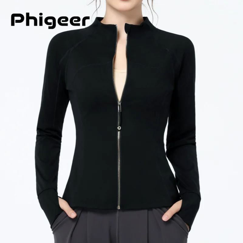 

Женские куртки для йоги PHIGEER Slim Fit, спортивные топы с длинными рукавами и карманами на молнии, спортивная куртка для бега, тренажерного зала и повседневной носки
