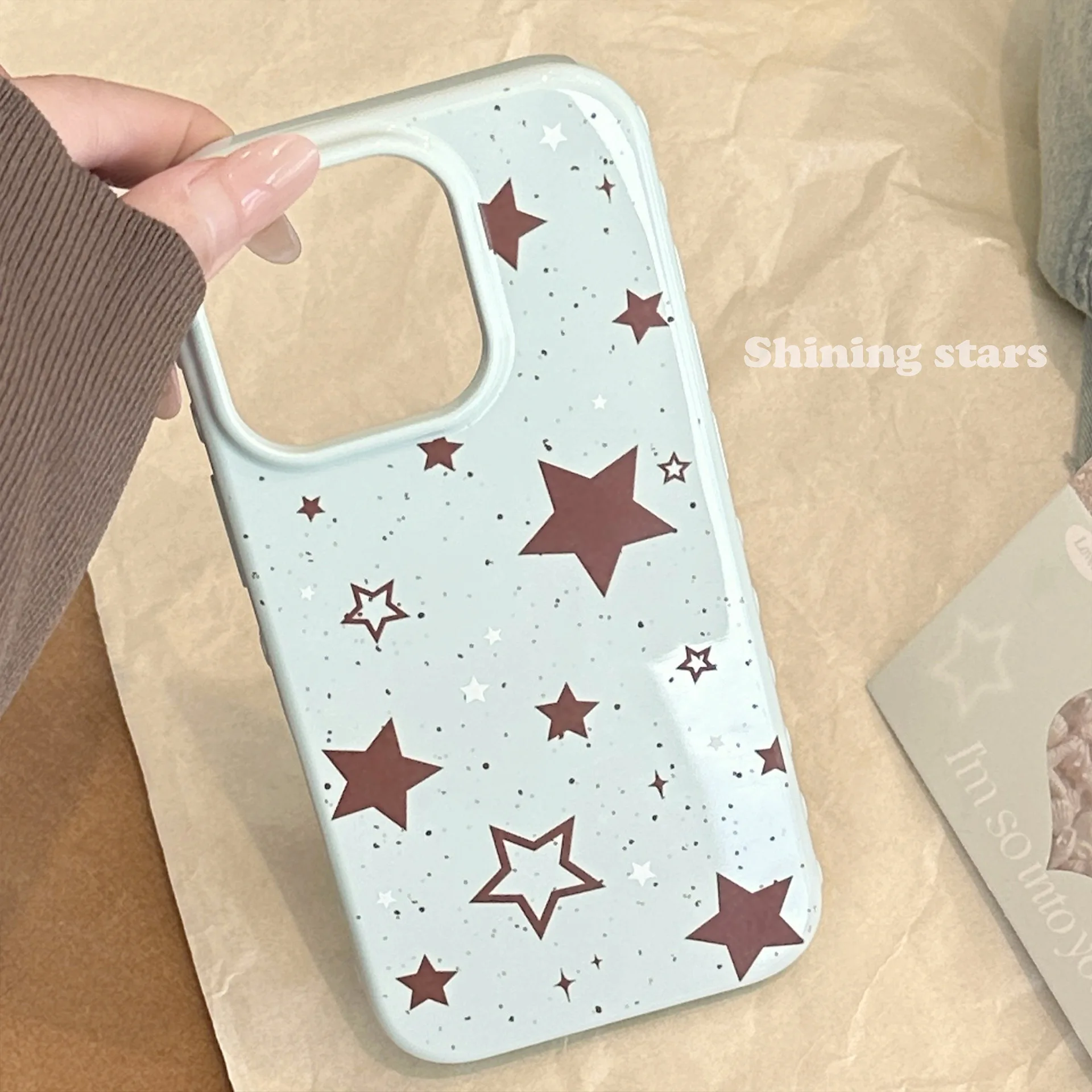 Korean Full Screen Splash-ink Brown Stars Soft Phone Case For iPhone 17 16 15 14 13 12 Pro Max Y2K Shockproof Protective Cover