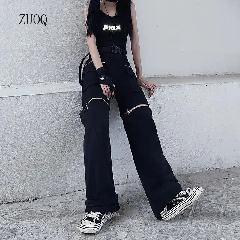 

New 2025 Streetwear Black Pants for Women Fashion High Waist Detachable Streetweart Cargo Pants Woman