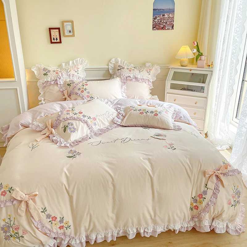 100% Cotton Korean Princess White Bedding Sets Ruffle Bedspread Flower Embroidery Duvet Cover Bed Skirt Pillowcases Home Textile