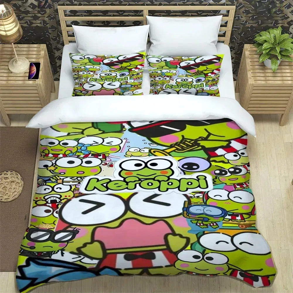 

Sanrio Keroppi 3pc Bedding Set Kids Duvet Cover Case Green Frog Cartoon 3D Print Quilt Cover Bedroom Decor Birthday Gift