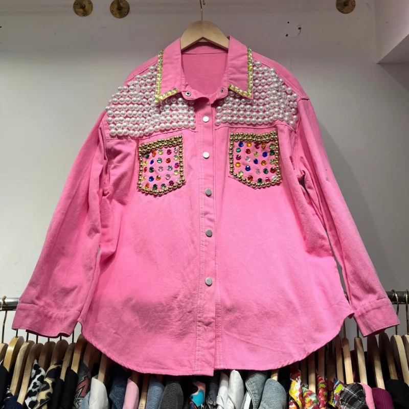 European Station 2025 Spring and Summer Heavy Industry Beaded Sequins Design Sense Loose Versatile Foreign Denim Shirt Women