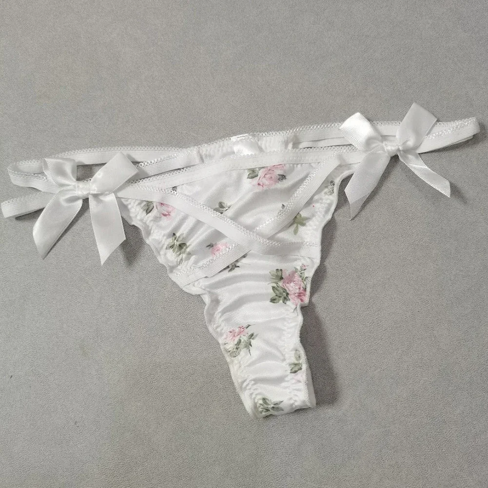 Ruffled Lovely Sweet Girl Thong Briefs Smooth Satin Panties Floral Printed T-back Underwear Bow Cross Strap Low Rise Underpants