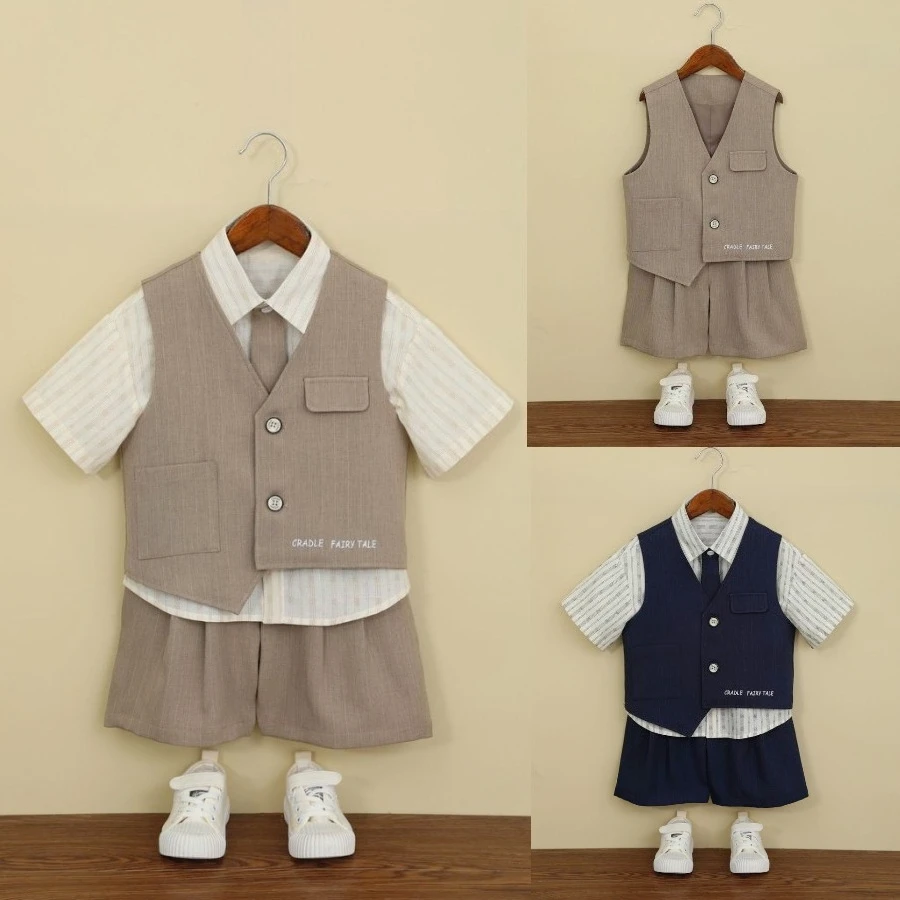 Preppy Style Teen Boys Summer Vest Suit Short Sleeve Shirt Tie Shorts Kids School Daily Graduation Light Formal Gentleman Outfit
