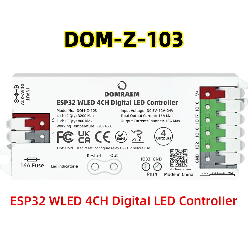DOMRAEM ESP32 4-Kanal WLED-Controller mit 16A Sicherung & Level Shifter, Sound-Sync-kompatibel mit WS281x Digital RGB IC LED-Streifen
