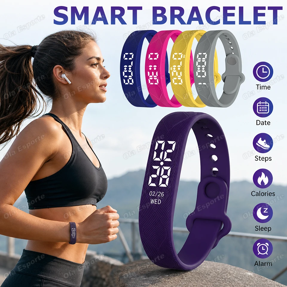 LED Digital Smart Wristband Sleep Monitoring Smart Clock Smartband Running Pedometer Vibration Alarm Reminder Smartwatch RUN2