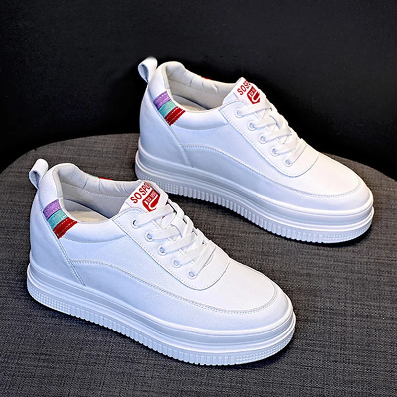 Women's White Platform Sneakers Genuine Leather Wedge Hidden Heel 7cm Casual Walking Shoes for Daily Wear D821