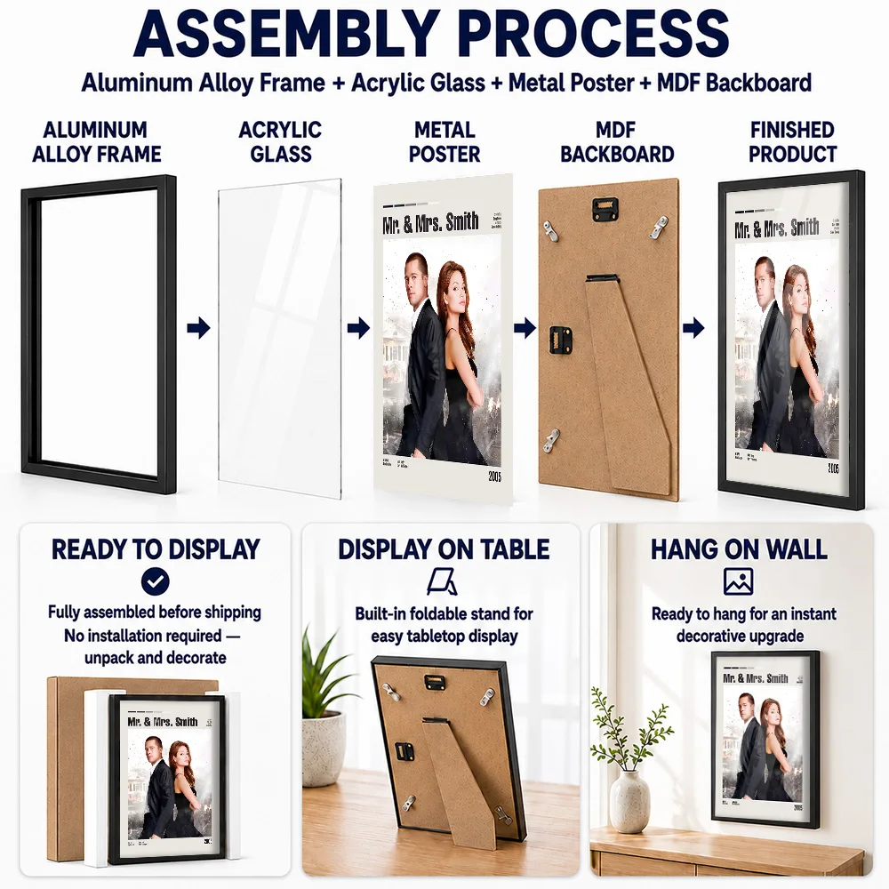 Mr. & Mrs. Smith Movie Metal Poster With Aluminum Alloy Frame Personalized Screen Tribute Wall Art For Theater Collector Gift