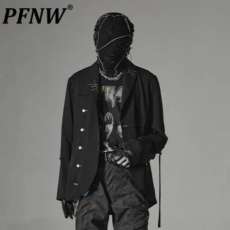 PFNW 2024 New Shirt Men Niche Design Heavy Industry Buttons Irregular Single Breasted Lapel Solid Color Ribbon Short Top 12C139