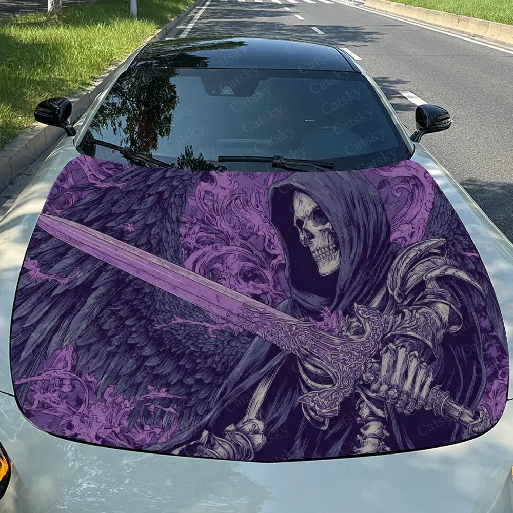 

Автомобильная наклейка Grim Reaper с зачарованным мечом в готическом дизайне Purple Hued, создающая жирную и загадочную визуальную наклейку на капот автомобиля,