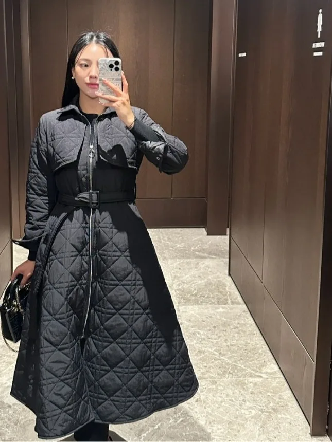 Ele Thiened Long Coat Women's Bla Slimming Waist Cotton Plaid Outerwear Vintage High-End Feelings Faionable