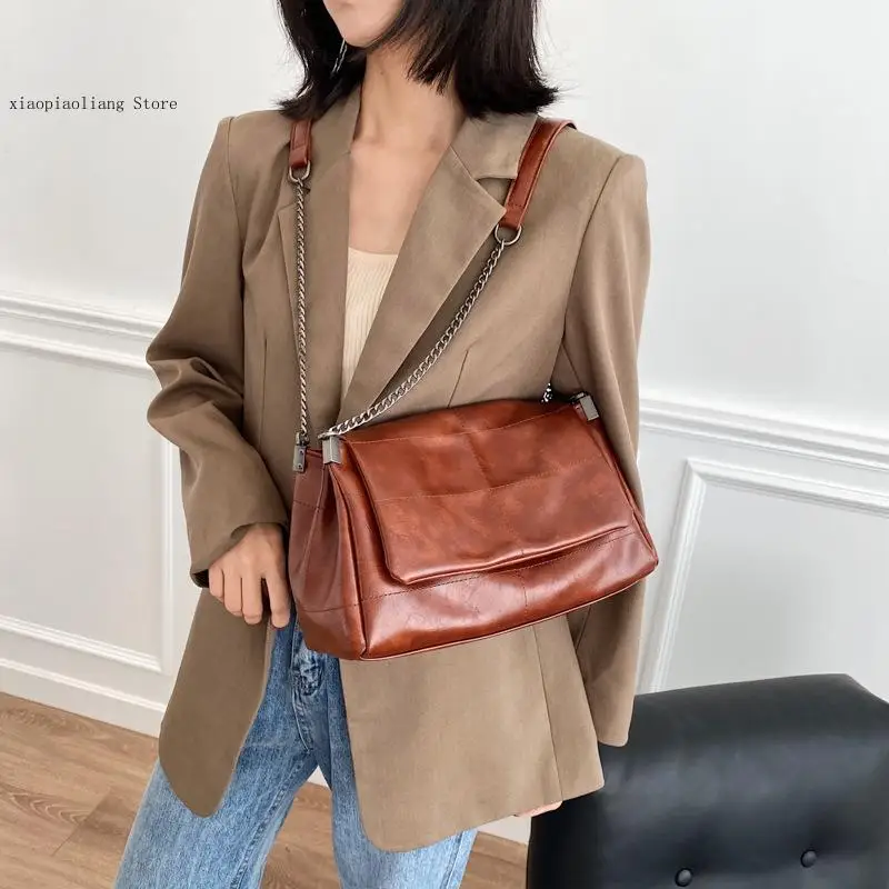 Soft Pu Leather Lady Shopper Travelling Bolso Sewing Thread Vintage Women Shoulder Bags Metal Chain Strap Crossbody Bag