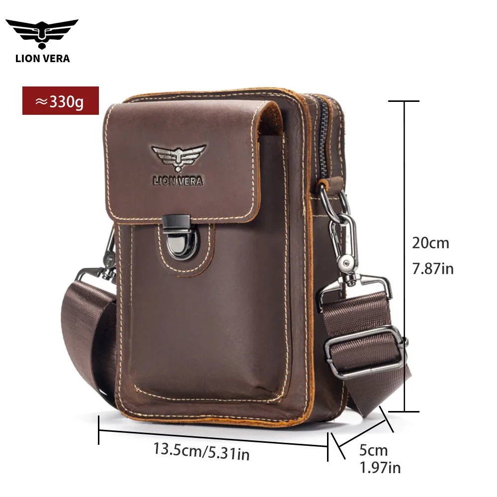 LION VERA Men's Leather Crossover Bag 5.3-inch Carry on Waist Bag Retro Casual Waist Shoulder Bag Zero Money Bag