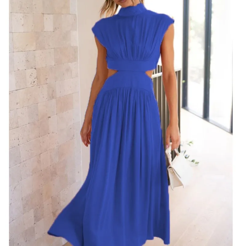 

Fashion Stand Collar Solid Color Dress Casual Party Holiday Dresses Robe Elegant Sleeveless Hollow Out Dresses For Women Summer