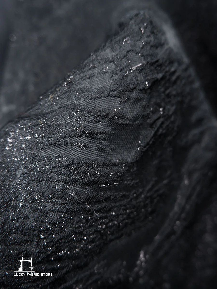 ブラックブレンドダークグレインジャカード生地、明るいシルクエンボステクスチャー、衣類DIYジャケットバッグ、デザイナー生地