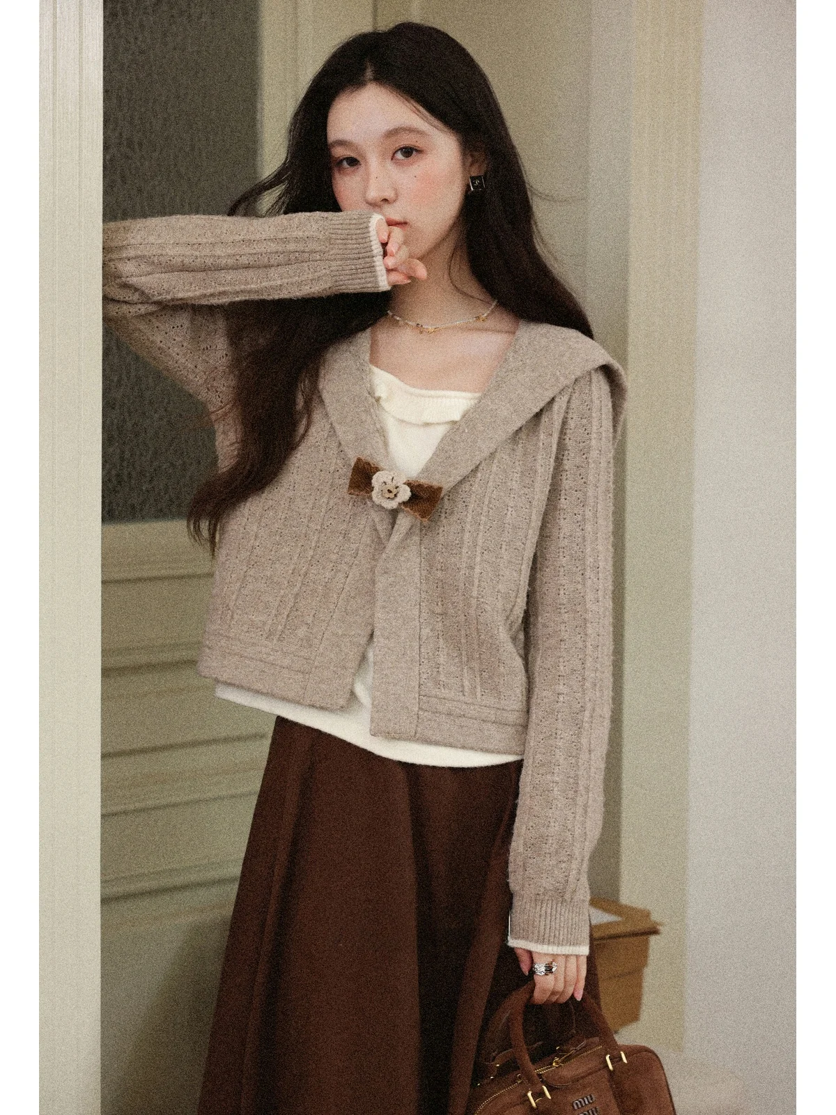 

South Deer ort Navy Collar Sweater Cardigan Women's Autumn Beau Radiation a Loose Tea Coat Fake Two-Piece Sle