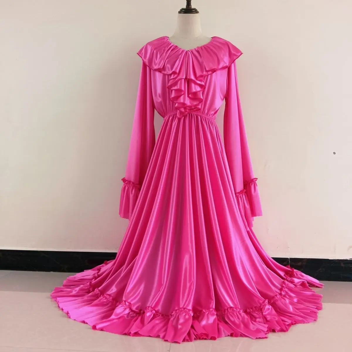 

360 Degree Unisex Glossy Ice Silk Satin Long Dress Long Sleeve Ruffles Maxi Dress Pullover Elegant Dresses