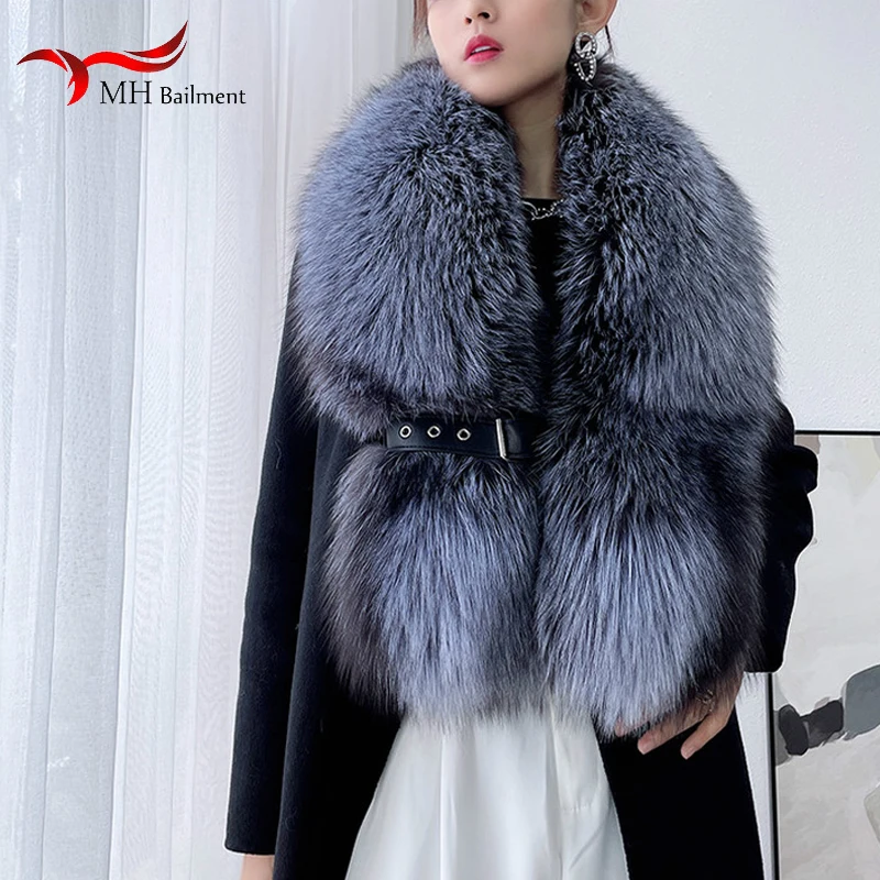 Winter Fox Fur Scarf Long Fur Collar Silver Fox Real Fur Shawl Russian Scarfs For Ladies Neck Luxury Fashion Scarves Womens