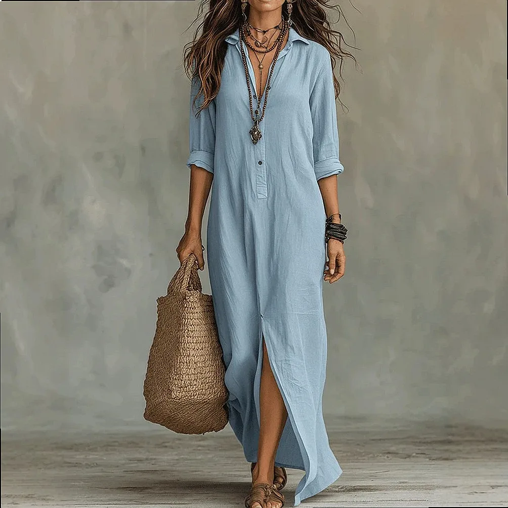 Bohemian Button Down Shirt Floor Length Maxi Dress Spring Summer Matching Set