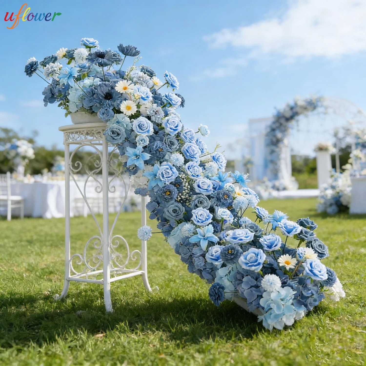 

Uflower Custom Artificial Blue Rose Flowers Luxury Flower Row for Table Centerpiece Wedding Party Backdrop Wall Decorations