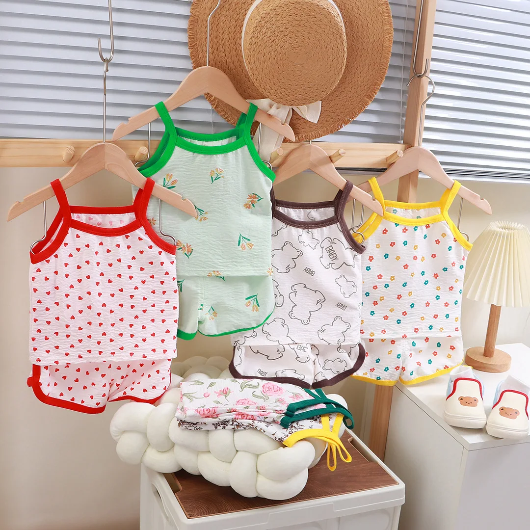 2024 Summer New Children Vest Suit Girls Shorts Pajamas Baby Cloud Cotton Sling Vest Pajamas Child Kids Home Clothing