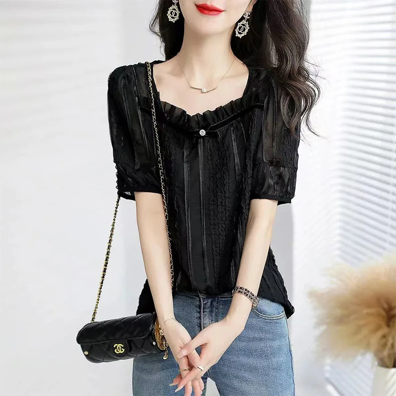 Fashion Women\'s Elegant Blouse Korean Square Collar Bow Lace Cut Spliced Shirt Summer New All-match Short Sleeve Tops for Female