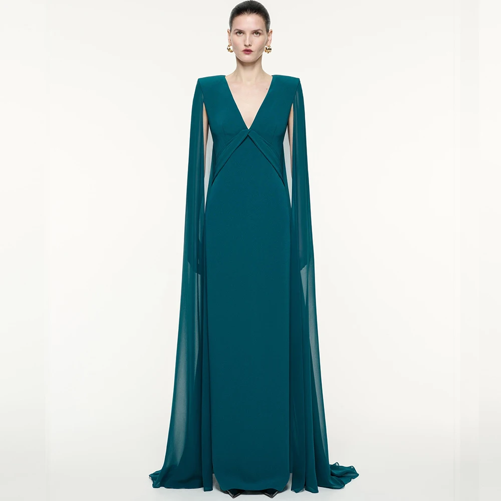 Customized High Quality Jersey Pleats Evening Dress Temperament V-Neck Long Sleeves Bespoke Occasion Gowns Saudi Arabia 2025