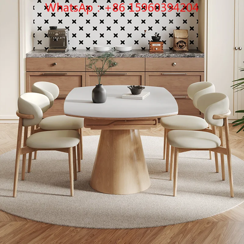Nordic solid wood rock slab square and round dual-purpose retractable folding dining table household small apartment