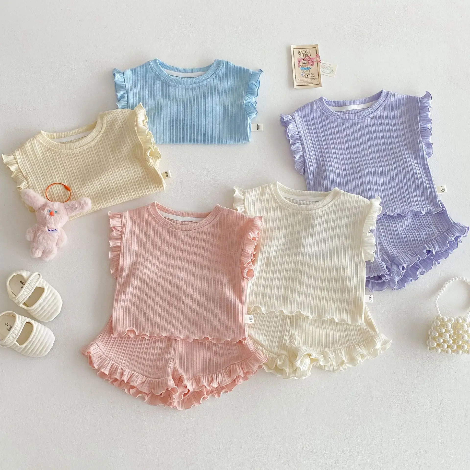 MILANCEL Girls' Sleeveless Tees Sets Kid's Solid Color Ruffled Vest Shorts 2Pcs Suit Summer Baby Outfits Children's Clothing