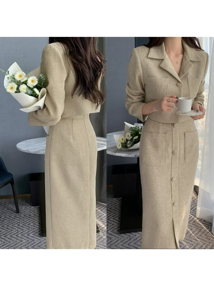 Insozkdg Elegant Tweed Two-Piece Skirts + Blazer Suits Stylilsh Long Sleeve Short Jacket Coat High Waist Back Zipper Midi Skirt