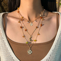 Vintage Star Moon Sun Pendant Necklace 2025 Women's Stacked Gold Color Metal Colored Stone Weaving Girls Fashion Holiday Jewelry