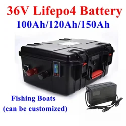 Waterproof 36V 150Ah 100Ah 120Ah LiFepo4 lithium battery pack with BMS for fishing boats solar system motor EV RV+10A charger