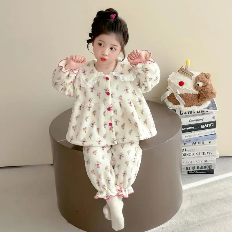 

Girl Winter Cardigan Pants Two-Piece Set Autumn Lace Tops Thicken Floral Child Kawaii Fashion New Style Casual Clothing Homewear
