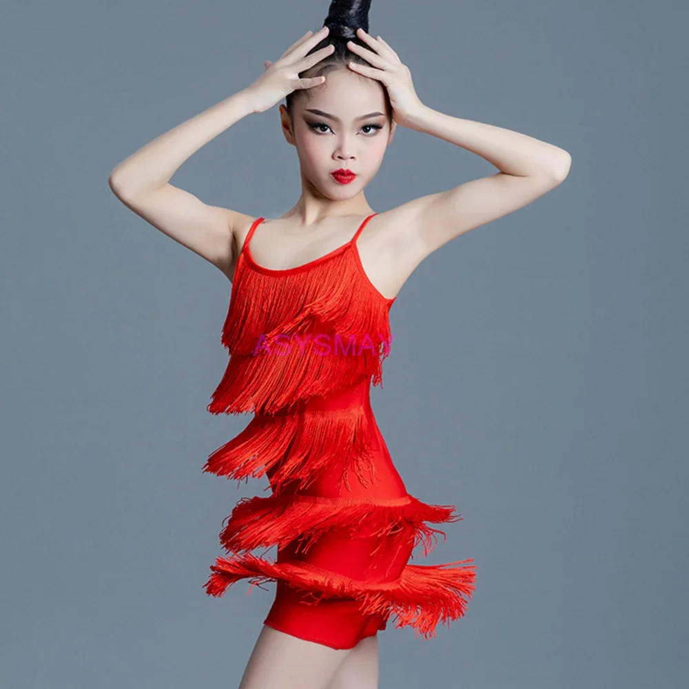 Latin Dance Kleid Für Mädchen Wettbewerb Ballsaal Tanzen Salsa Samba Tango Fransen Quaste Standard Praxis Kostüm Kind Kinder