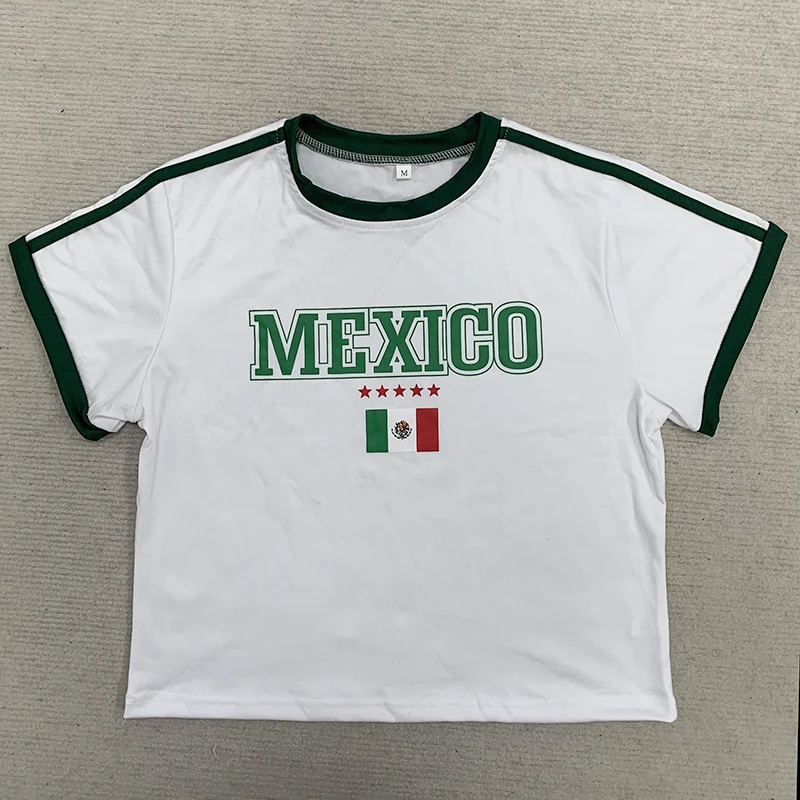 Y2K Damen Slim Fit Sommer T-Shirt Kurzer mexikanischer Buchstabendruck Freiliegender Nabel Sexy Streetwear Top für trendige Mode