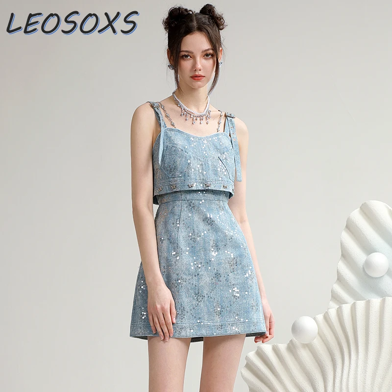 

Sweet Cool Denim Dress Summer 2024 New Jacquard Suspender Dress High-End Luxury Sequined Fake Two-Piece Denim Dresses Women