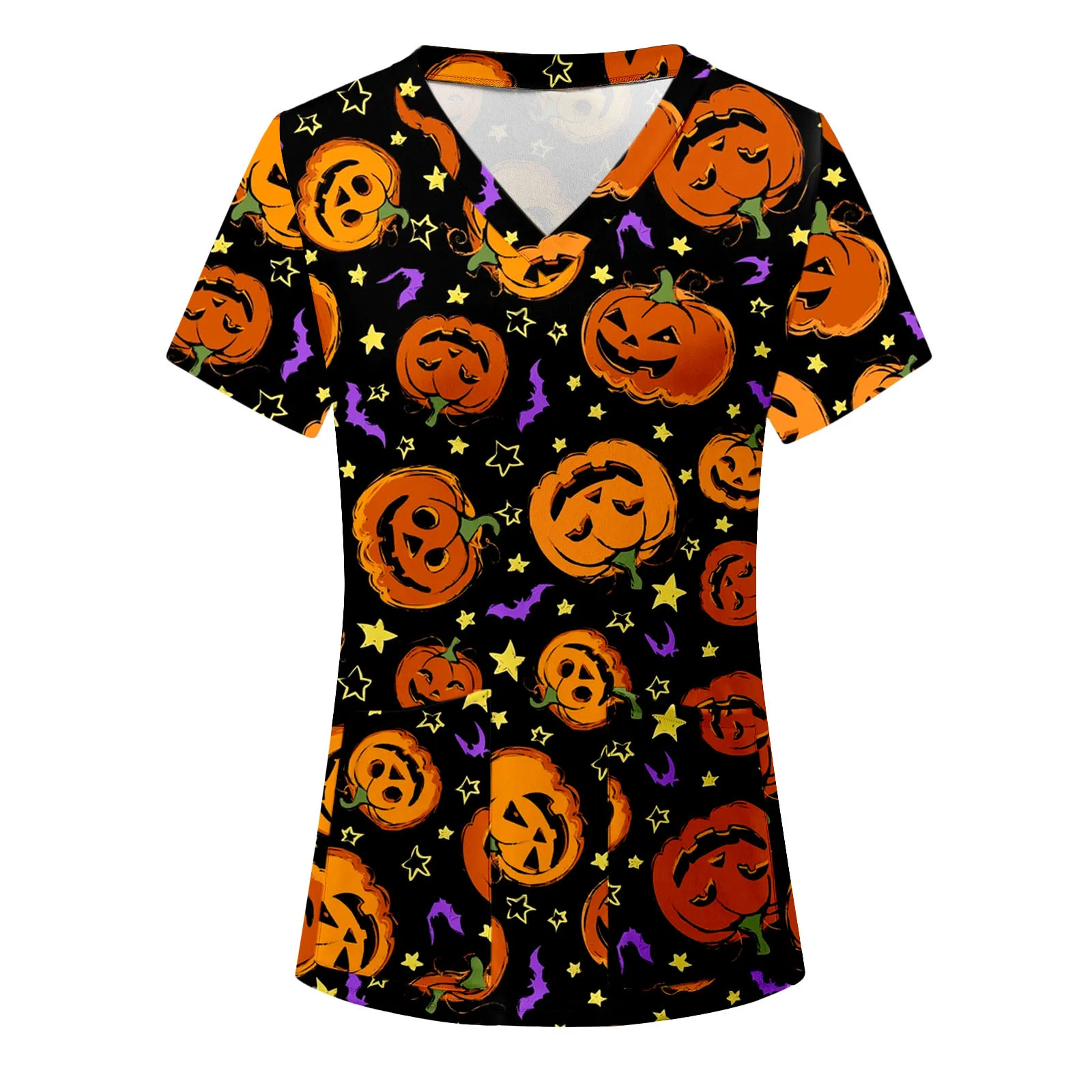 Ladies Scrub Uniform Care Workers Nurse T-Shirt Casual Halloween Print Short Sleeve Pocket Loose Workwear Spa Nursing Lab Tops