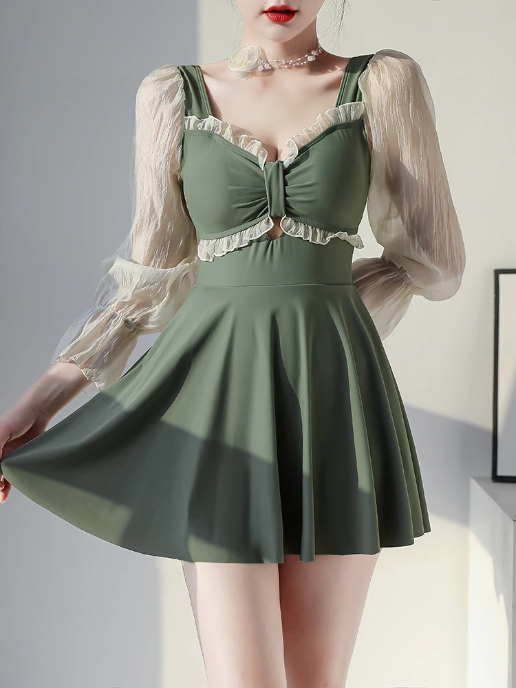 

Купальник XiaoXue Ya Thermal Spring, цельный, консервативный, утягивающий, скрывающий живот, больших размеров, женский, повседневный, с длинными рукавами