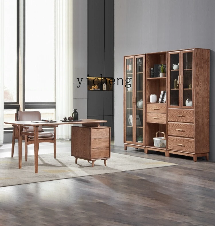 

ZYA Solid Wood Desk Chair Bookcase Combination Home Bedroom Study Desk New Chinese Style Simple Writing Desk