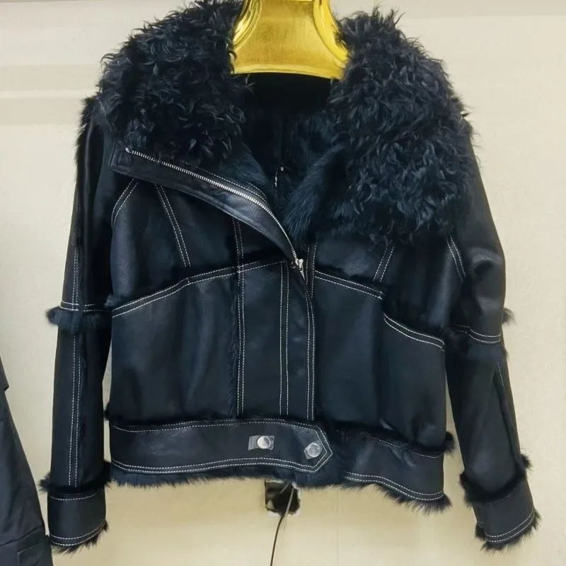 New Rabbit Fur Women's Short Clothing Thickened for Warmth Fur Collar, Motorcycle Short Fur Slimming Autumn Winter Fashion Coat.