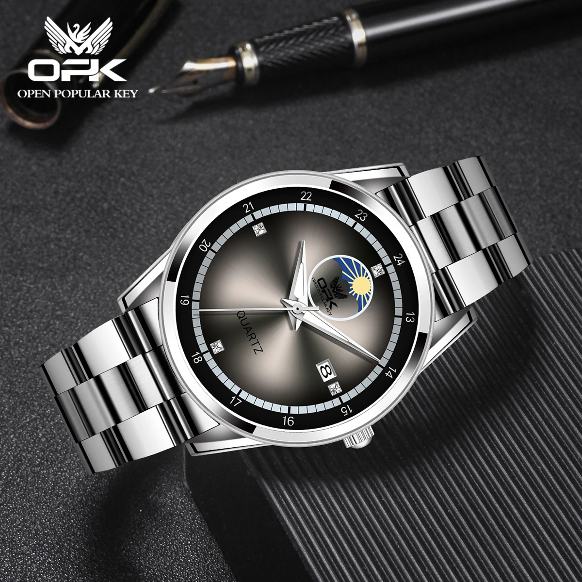 OPK brand luminous waterproof calendar steel band men\'s quartz watch 8146