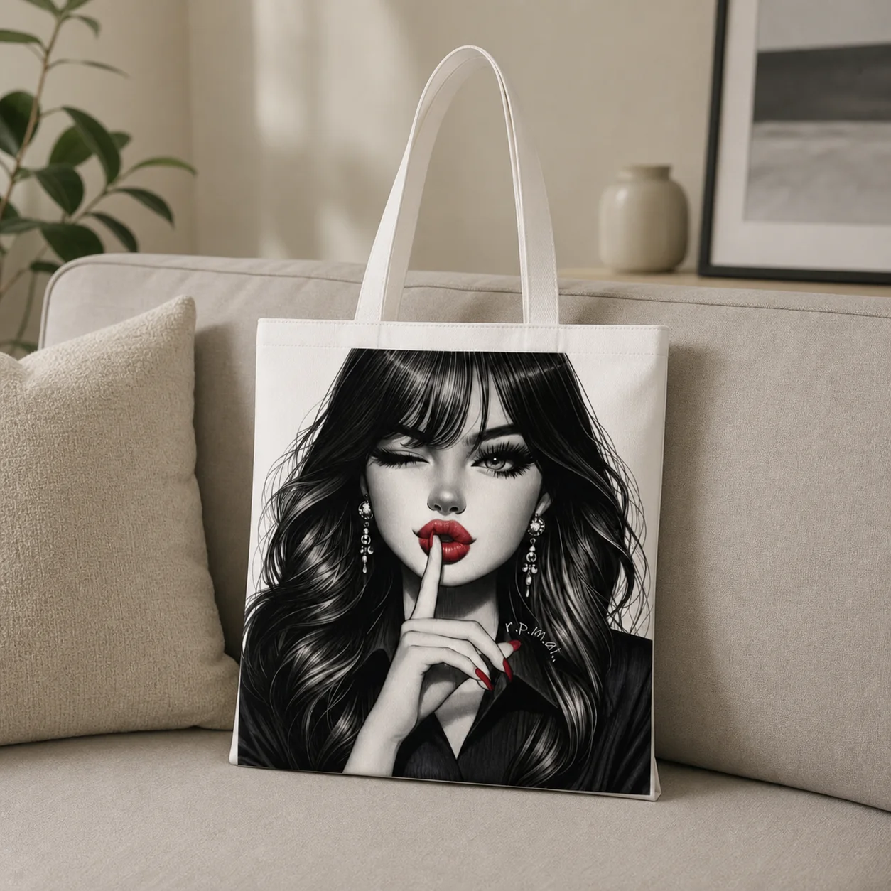 Black White Art Girl Portrait Canvas Shoulder Bag Sexy Winking Lady Print Eco Friendly Reusable Tote Bag Daily Commute Handbag